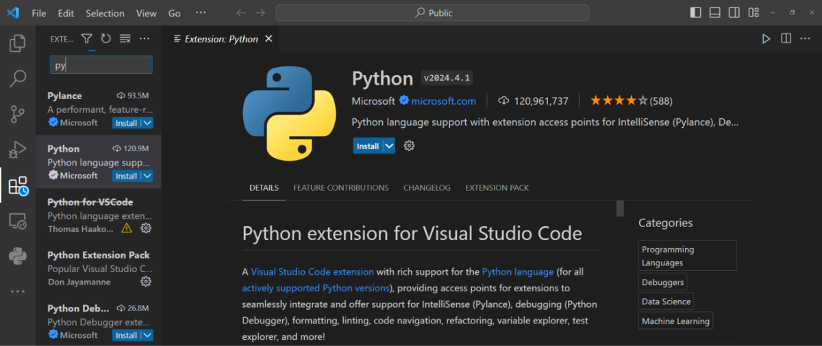 VS Code'ga Python kengaytmasini o'rnatish